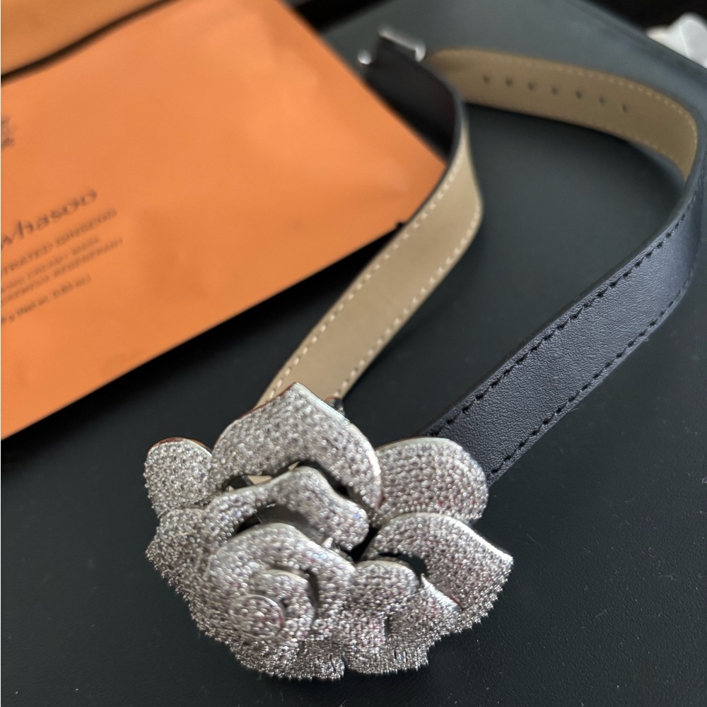 Elegant Black and Tan real Leather choker  with Silver Floral Accent